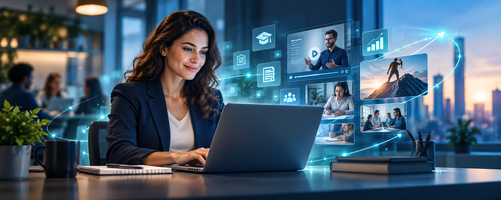 Professional using a laptop with digital learning, business training and workplace development visuals